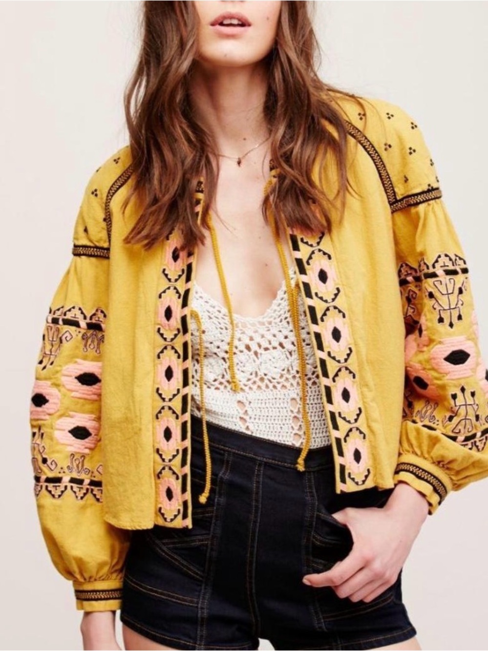 Embroidered Mustard Bomber Jacket with Pink Accents - Women